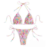 Traje de baño bikini sin espalda con cuello halter y estampado floral fruncido